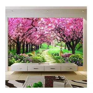 KOMNNI 3D selbst klebende Tapete Kirschbaum Gartenweg Landschaft Hintergrund Wandbild Wohnzimmer Schlafzimmer Blumen Wandbild