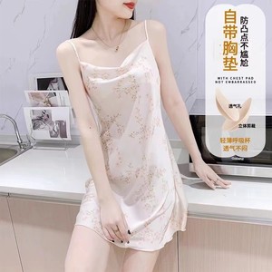 Camisón de seda helada para mujer con estampado floral, sin mangas, de satén, con almohadillas en el busto, para casa, baño u hotel - Product Image 2