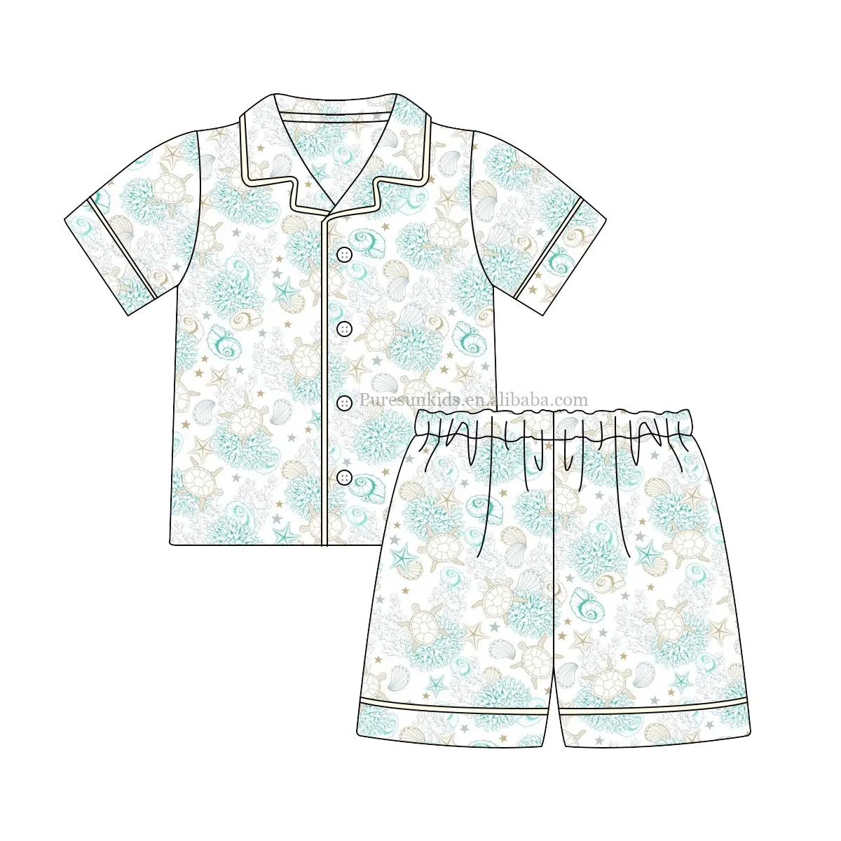 Butik Pakaian Piyama Anak Musim Panas 2022, Set Piyama Bayi Lembut Kancing Bawah Bercetak Cangkang Rajut