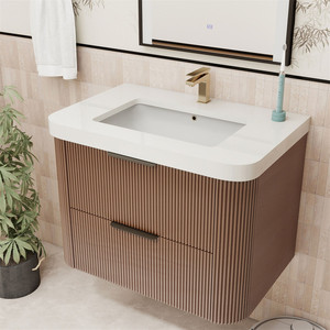 Mobile <span class=keywords><strong>Bagno</strong></span> Sospeso Marrone Scanalato con Specchio e Lavabo in Ceramica Bianca - Vendita all'Ingrosso - Product Image 3