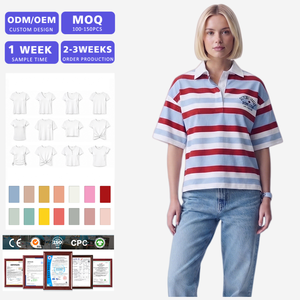 Camiseta Polo a Rayas Personalizada con Logotipo para Mujer, Camiseta de Rugby Oversize de Manga Corta, Estilo Casual Preppy, Fabricante OEM ODM - Product Image 1