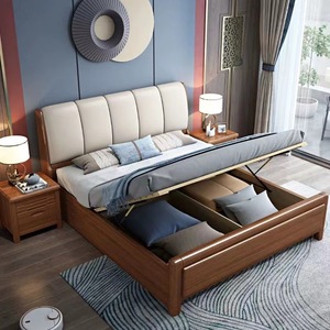 เตียงคู่ไม้วอลนัท หัวเตียงนุ่ม พร้อมกล่องเก็บของสูง เฟอร์นิเจอร์ห้องนอน - Product Image 3