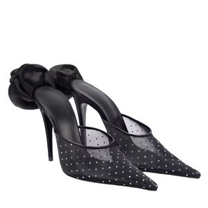Sandalias de tacón de aguja con punta fina y diseño floral trasero para mujer, talla grande 45, con diamantes, de malla, ajuste ancho, tipo mule y deslizables - Product Image 4