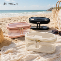 Trousse de Maquillage Portable Ovale en PVC Transparent avec Logo Personnalisé, Poignée Souple en PU, Fermeture Éclair Double Dorée, Étanche TSA