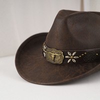 Chapeau de cowboy vintage unisexe en gros, style western vieilli, avec boucle de taureau, rivets, ceinture en cuir, large bord en daim, idéal pour l'extérieur