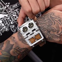 Oulm 9525 Quartz mâle hommes grande taille mode horloge extérieure trois fuseaux horaires montres de sport en cuir véritable montre Relogio Masculino
