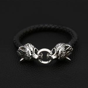 Pulsera vikinga con cabeza de lobo de cuero trenzado de acero inoxidable para hombre, joyería de metal pesado vintage de alta calidad, retro, sólida y duradera - Product Image 2