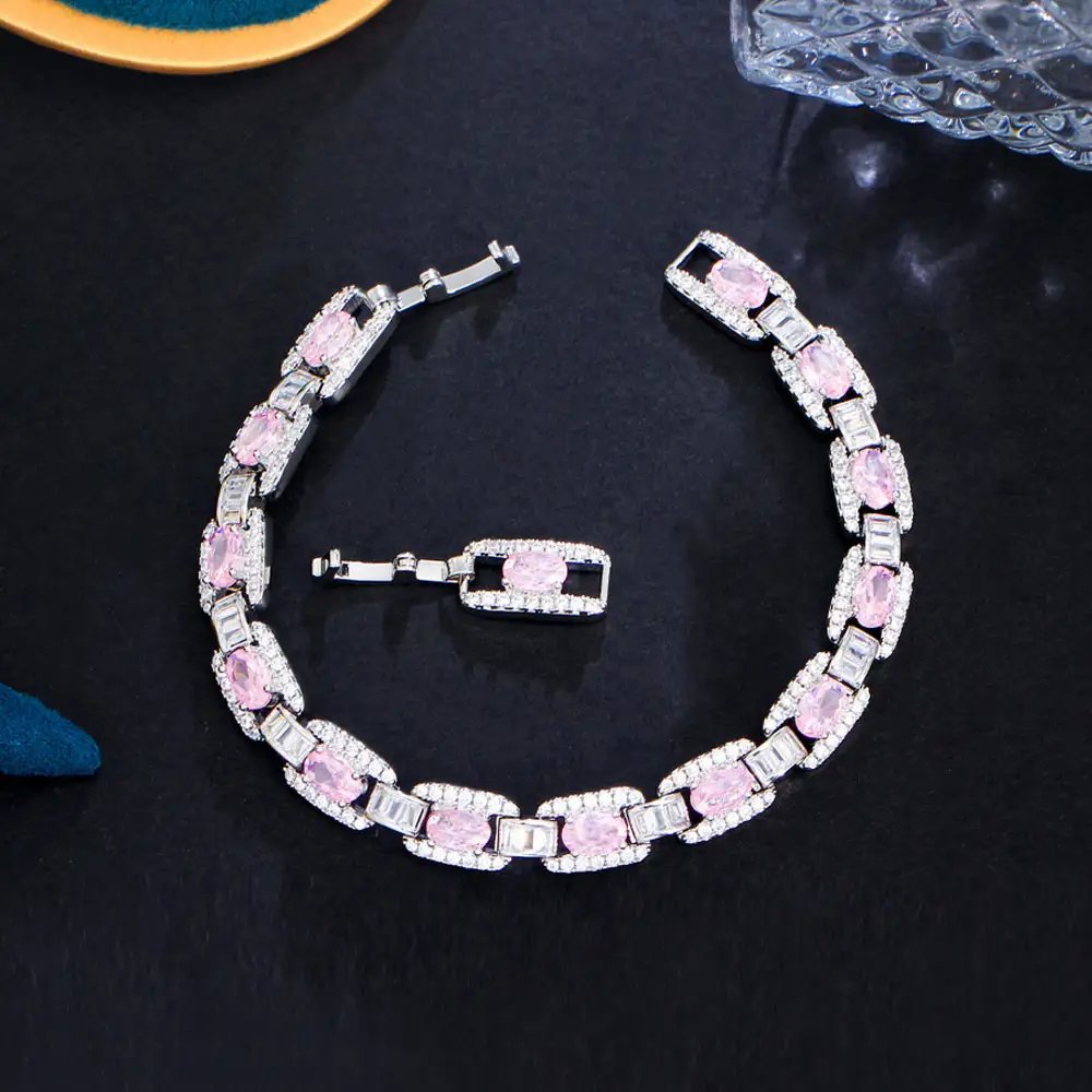 Женский браслет из кубинской цепи, роскошный браслет с розовым фианитом, Ювелирное Украшение для вечеринки