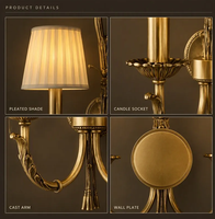 Applique murale LED classique avec abat-jour plissé, finition or antique, double bras, E14 12W, pour miroir de vanité, salle de bain, penthouse, chambre principale