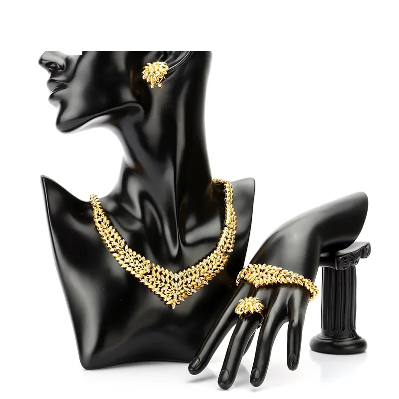 Conjunto de cuatro piezas para mujer, pendientes de trigo en forma de oreja, collar de Circonia cúbica, 24k, joyería chapada en oro de la india