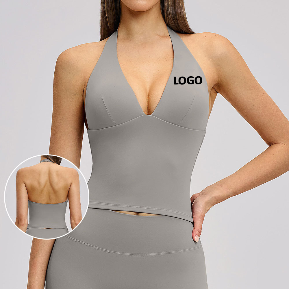 Women Deep V Sleeveless Seamless Yoga Top Breathable Halter Tummy Control Workout Tank with Bra Custom Private Label Gym Clothes