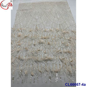 Tela de malla bordada de moda Lisami con plumas de avestruz ecológicas, lentejuelas peruanas y cuentas, 5 yardas - Product Image 4