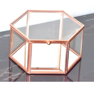 Custom Luxe Bruiloft Koperen Ring Box Voor Koppels Ceremonie Display Sieraden Gift Moderne Hexagon Glas Toonder Houder Organizer