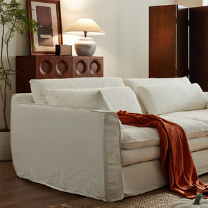 Wabi-Sabi Cream Linen Hug Arm Straight Sofa Detachable Washable Cotton Linen Couch for Small Living Room Home Decor - Product Image 3