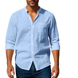 2025 para <span class=keywords><strong>Amazon</strong></span> transfronterizo nuevo estilo chino camisa de lino para hombre transpirable Casual de manga larga cuello bolsillo primavera liso teñido - Product Image 1