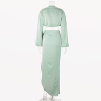 Ensemble deux pièces sexy pour club, haut court à col en V et jupe fendue, couleur unie, en satin, manches longues, pour femme, collection automne