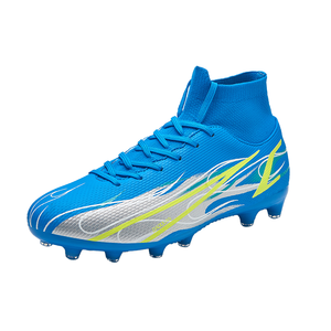 Chaussures de football professionnelles bleues à tige haute pour hommes, crampons FG, vente en gros, chaussures de sport personnalisées pour l'entraînement et les matchs internationaux - Product Image 1