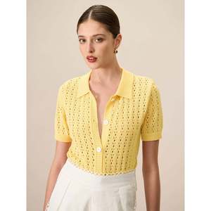 Cardigan court à col ouvert en tricot ajouré jaune pour femme, idéal pour l'été - Product Image 2