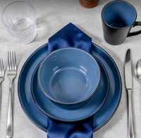 Service de table de luxe 16 pièces en grès noir et bleu, assiettes, bols et tasses en céramique pour 4 personnes, compatible lave-vaisselle et micro-ondes, haute qualité