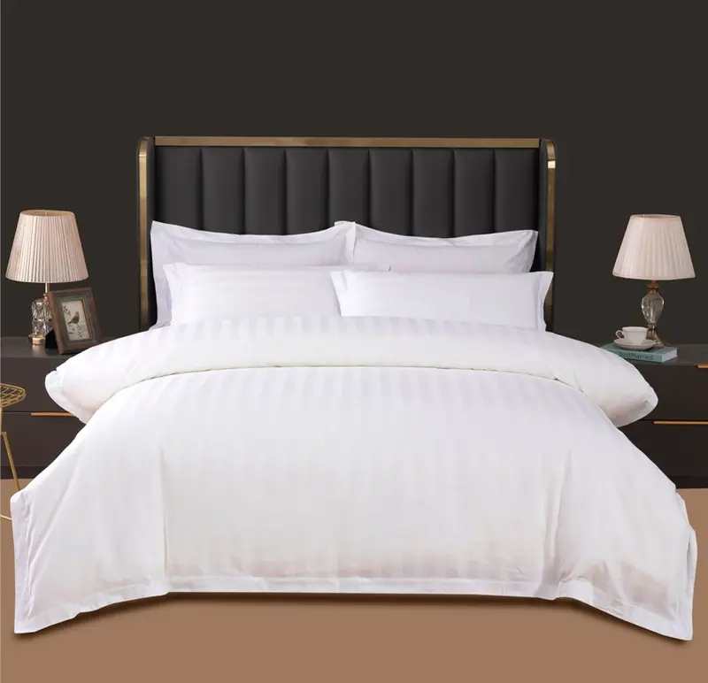 Wholesale 3cm satin stripe white bed linen hotel 100% cotton comforter sets king size bedsheet bedding set