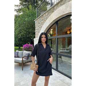 Robe chemise en lin noir Tilda avec ceinture personnalisée, style élégant vintage décontracté, haute qualité, taille unique et XS-6XL, motif uni - Product Image 3