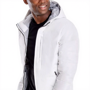Men's <b>White</b> Hooded <b>Puffer</b> <b>Jacket</b> Windproof Zipper Closure Casual Winter Coat Regular Fit Solid Color Polyester Wadding - Product Image 2