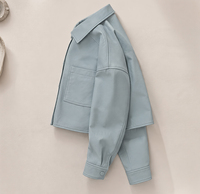 Jaket Kulit Domba Asli Wanita Warna Biru Muda Kerah Lapel Kancing Depan Model Crop Coat Jahitan Kontras Pakaian Luar Kulit