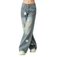 Jean en denim délavé style mignon pour femme, coupe large, taille haute, broderie ours, cœur et nœud, effet délavé