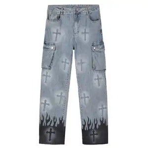 Quần Jeans 90S Thời Trang Cho Nam, Quần Bò Bó Sát Phong Cách Trả Thù Hình Thánh Giá Lửa Với Nhiều Túi Bên Hông