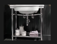 Meuble-lavabo en acier inoxydable 304 poli chromé haute brillance avec pieds brillants et vasque en céramique artistique, lavabo en porcelaine de boutique, console