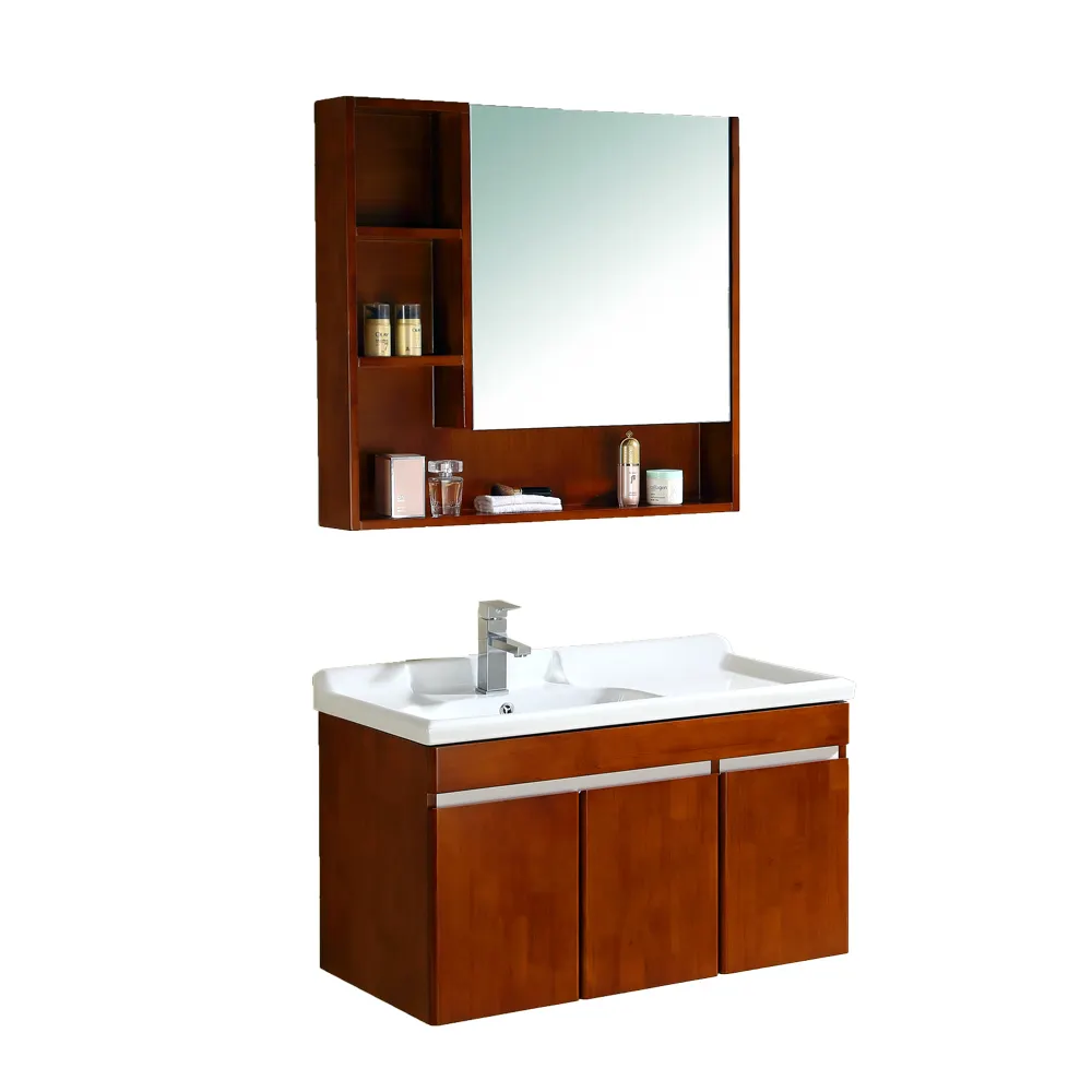 Mobilier de salle de bain en bois massif, classique, marron, poli-miroir, 1 pièce