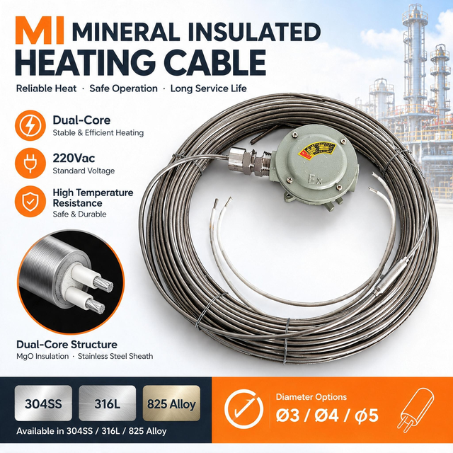 MI Mineral Insulated Heating Cable, Custom Length Available, Explosion-Proof, SS304 Sheath, High Temp & Corrosion Resistant