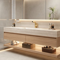 Meuble-lavabo mural flottant en bois sur mesure avec étagère double et armoire miroir à éclairage LED