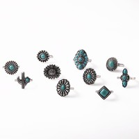 JZ039 Ensemble de bagues cactus turquoise occidental 7 pièces en gros | Bagues empilables vintage du sud-ouest Boho