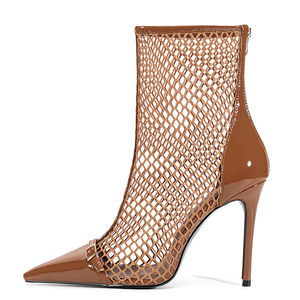 Bottes courtes d'été pour femme, grande taille 46, à talons fins, en cuir verni, avec boucle de ceinture, style sexy, montantes à la cheville, en maille, pour robe d'été - Product Image 1