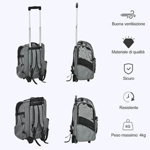 PawHut 2-in-1 Dog and <b>Cat</b> Carrier <b>Backpack</b> 42x25x55cm Grey with Side Pockets and Telescopic Handle & Wheels - Product Image 6