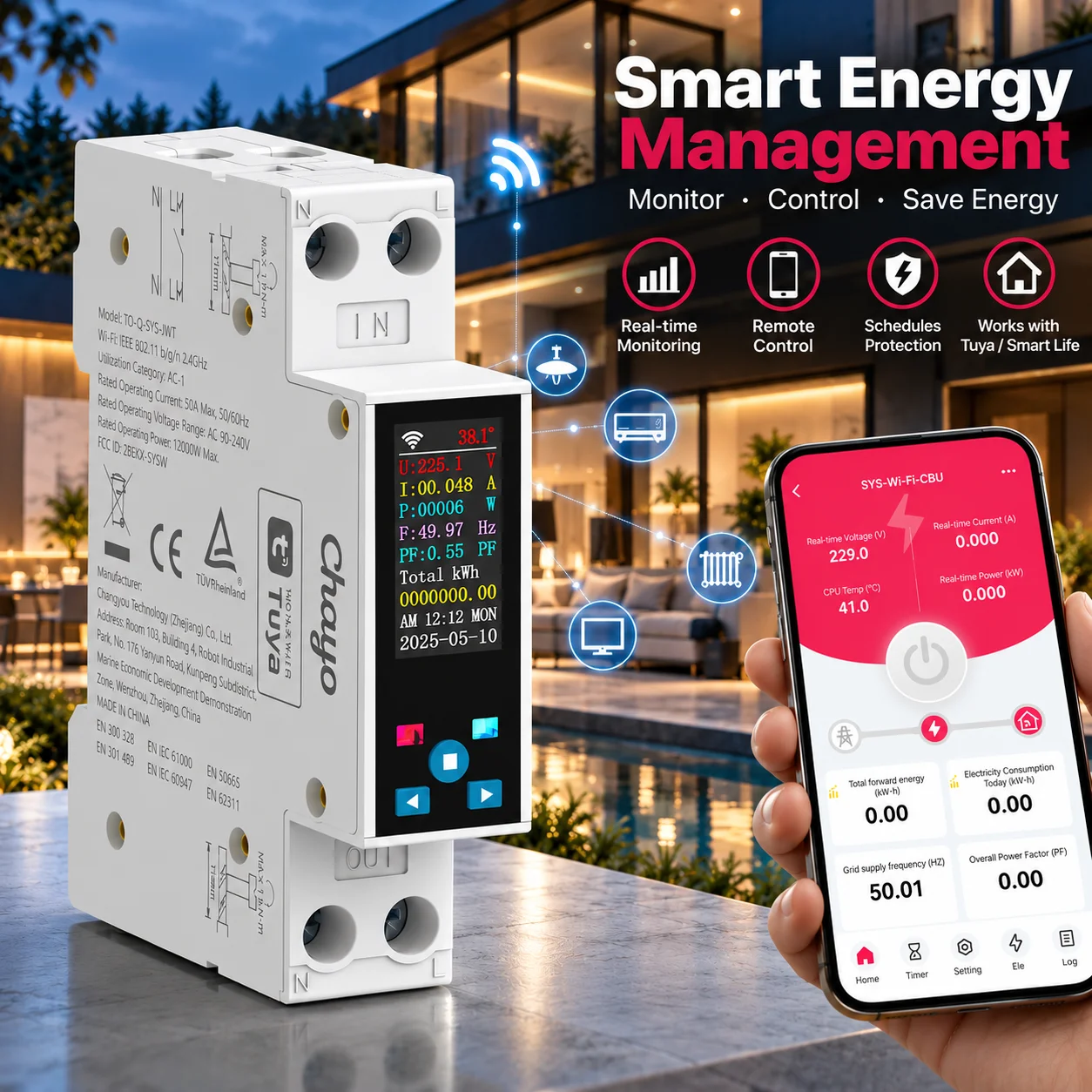 DIN Rail WiFi TUYA Smart Meter with LCD Screen 50A Circuit Breaker for Home Power Management with Prepaid Function Chayo