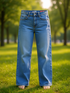 Jeans de Mujer de Verano, Cintura Alta, Pierna Recta, Botones, Lavado Claro, Denim, Casual, Uso Diario, Largo Completo, Corte Regular, 100% Algodón - Product Image 2