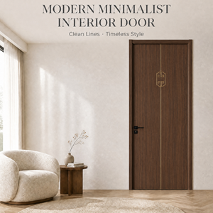 Puerta de Melamina Color Nogal con Incrustaciones Doradas Verticales, Diseño Griego, Tira Decorativa, Manija Negra, Estilo Chino Moderno - Product Image 1