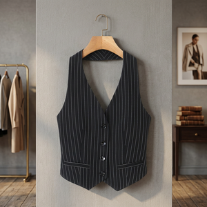 Gilet de costume formel noir à rayures fines pour femme, col en V, simple boutonnage, en tissu tissé - Product Image 4