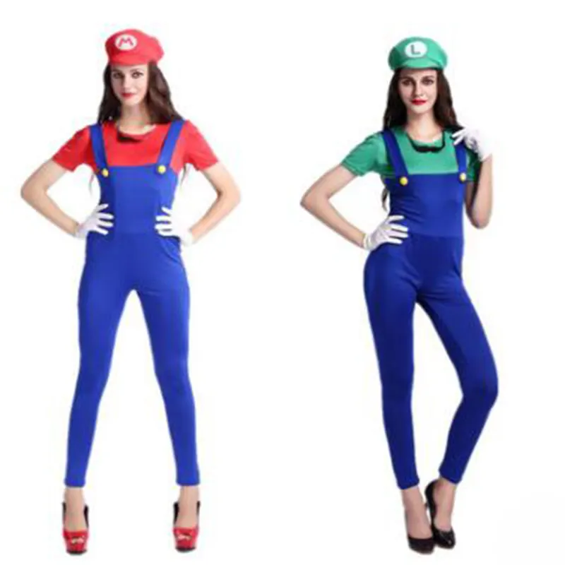 Fantasias super mario & luigi, vestido fantasias vermelho e verde calcinha cosplay mulheres roupas para festa de halloween e carnaval