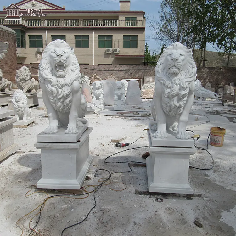 等身大の手彫りの屋外装飾大きな白い大理石のライオンの彫像販売