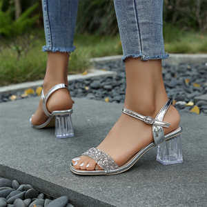 Nouvelles sandales sexy pour femmes à talons hauts, avec strass incrustés, dessus transparent, talon carré transparent, bride argentée W-DQ-02 - Product Image 4