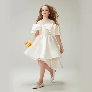 OEM train beaded Girls Pageant Birthday Party Gown Off Shoulder Princess Clothes High Low Satin Flower Girls Dresses For Wedding