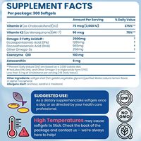 Capsules d'oméga-3 de 2500 mg avec 1285 mg d'EPA DHA, vitamine D3 K2 Q10, astaxanthine, complément alimentaire pour soutenir la santé du cœur, du cerveau et du système immunitaire