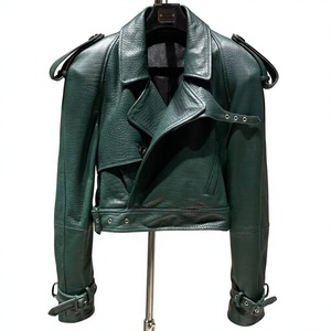 Chaqueta de motociclista de cuero con estampado de cocodrilo verde oscuro para mujer, cuello corto vuelto, cremallera, ojales, diseño de LOGO personalizado al por mayor - Product Image 1