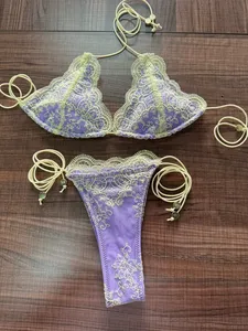 Conjunto de Bikini Sexy de Encaje con Tanga Micro Triángulo 2026 para Mujer, 2 Piezas, Estampado de Plantas, Ribete en Contraste, Traje de Baño Brasileño - Product Image 5