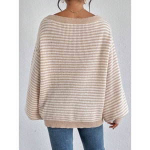 Pull en maille pour femme à épaules dénudées, à rayures contrastées et manches lanternes, mode - Product Image 5
