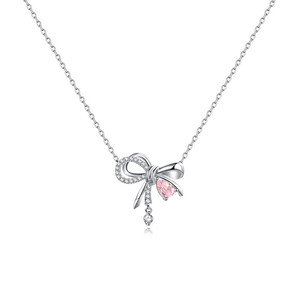 Bowknot Necklace Pink Diamond Pendant Clavicle Chain Jewelry Gift For Women Bezel Setting Fashion Accessory - Product Image 1