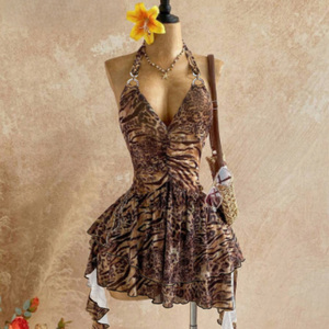 Robe mini imprimé léopard à col en V et dos nu, taille empire, coupe ajustée, silhouette crayon, sans manches, style bouffant, décontractée, respirante, pour l'été - Product Image 4
